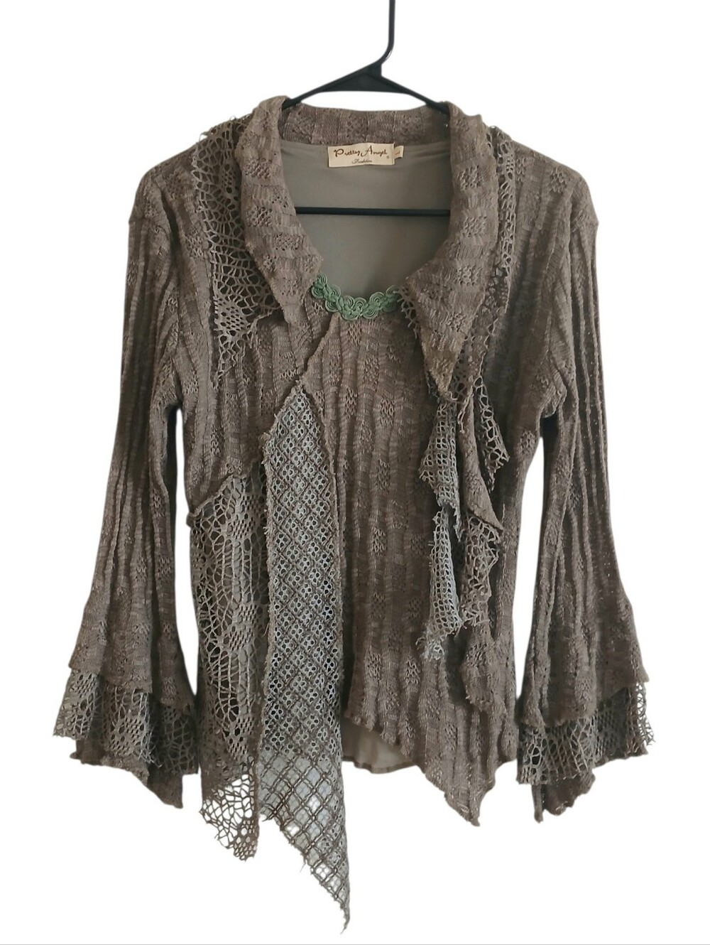 PRETTY ANGEL Mixed Media Goblincore Bell Sleeve Top Women's L Brown Crochet